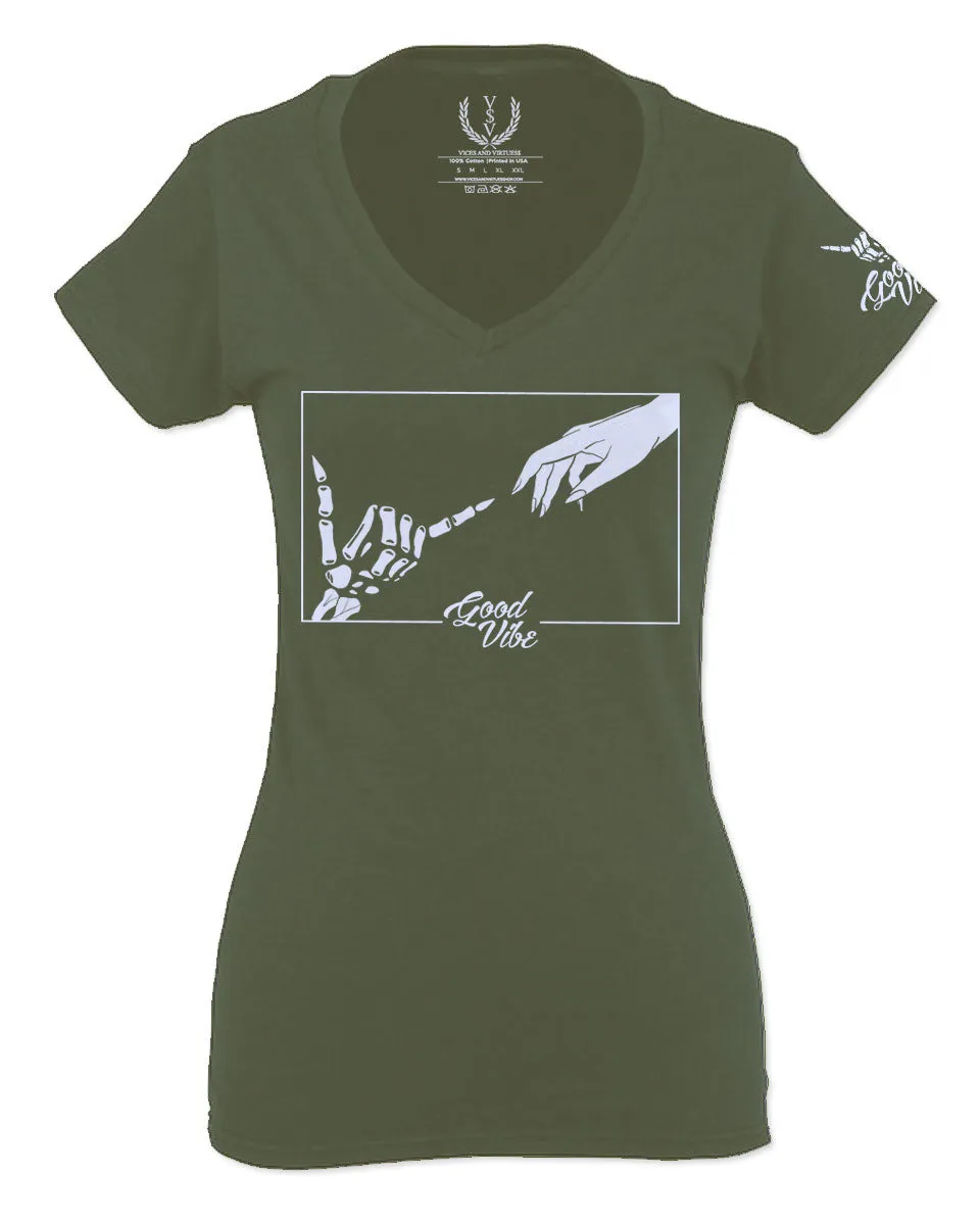 Aesthetic Good Vibe Bones Hand Shaka Cool Vintage Hipster Graphic Michelangelo Art For Women V neck fitted T Shirt
