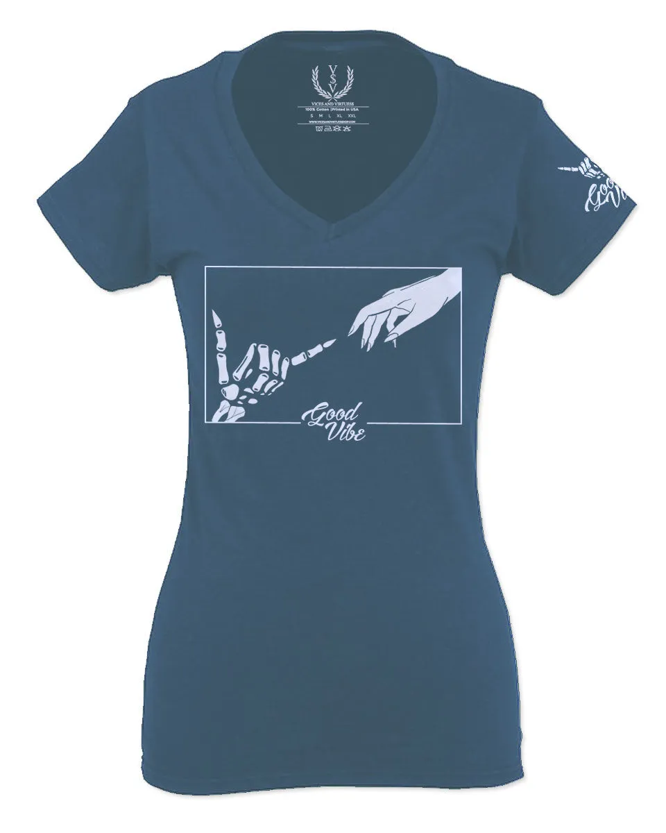 Aesthetic Good Vibe Bones Hand Shaka Cool Vintage Hipster Graphic Michelangelo Art For Women V neck fitted T Shirt