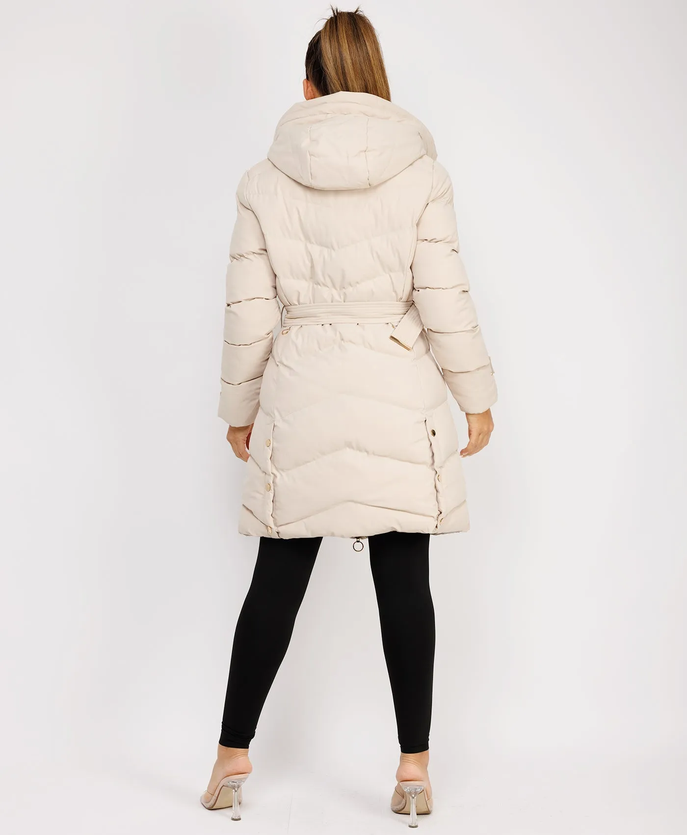 Beige Long Puffer Coat With Belt And Gold Button Detail
