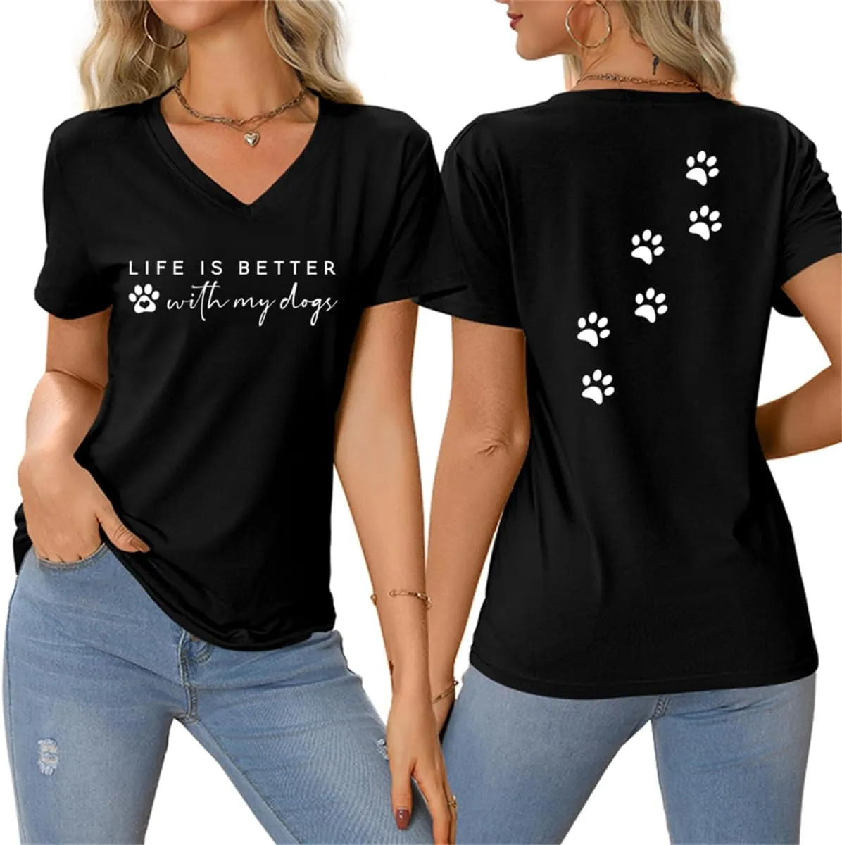 Dog Mom Shirt Women Life is Better with Dogs Tshirt V Neck Dog Paw Graphic Tees Pet Lover Short Sleeve Tshirt Tops