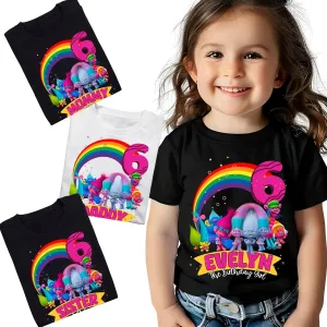personalized troll birthday t-shirts with age and name, poppi t-shirts for the whole family, supplies and decoration for troll party, poppi t-shirts for girls.