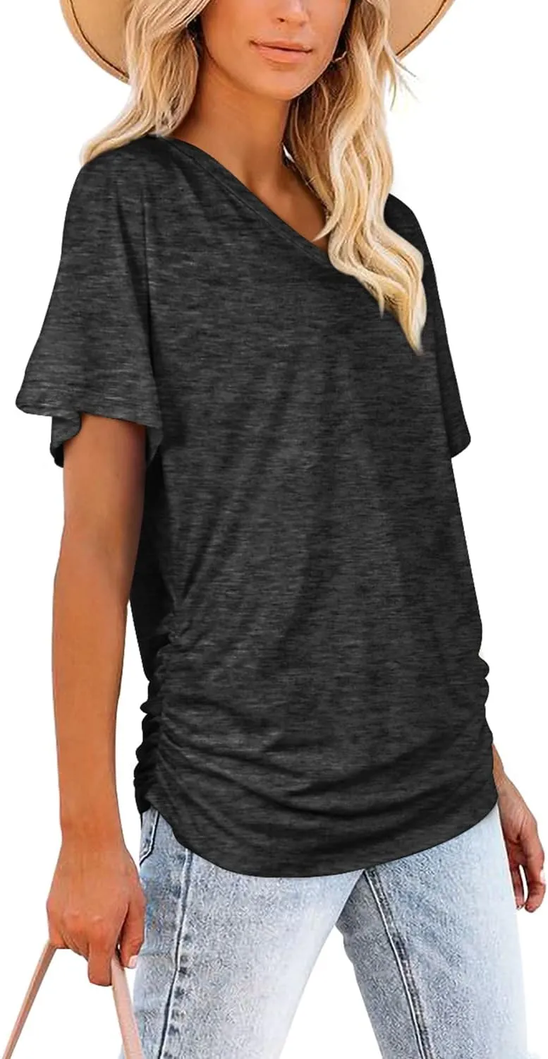 WIHOLL Womens Short Sleeve V Neck Dolman Tops with Side Shirring Loose Fit Shirts