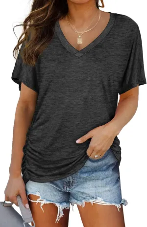 WIHOLL Womens Short Sleeve V Neck Dolman Tops with Side Shirring Loose Fit Shirts