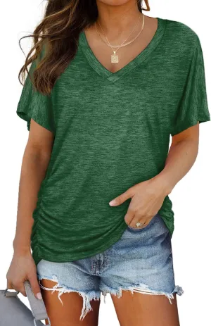 WIHOLL Womens Short Sleeve V Neck Dolman Tops with Side Shirring Loose Fit Shirts