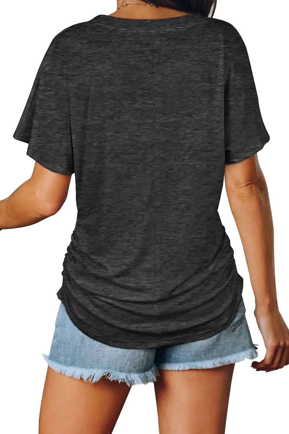 WIHOLL Womens Short Sleeve V Neck Dolman Tops with Side Shirring Loose Fit Shirts