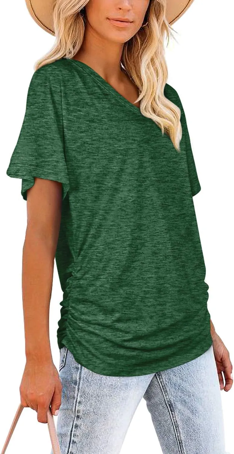 WIHOLL Womens Short Sleeve V Neck Dolman Tops with Side Shirring Loose Fit Shirts